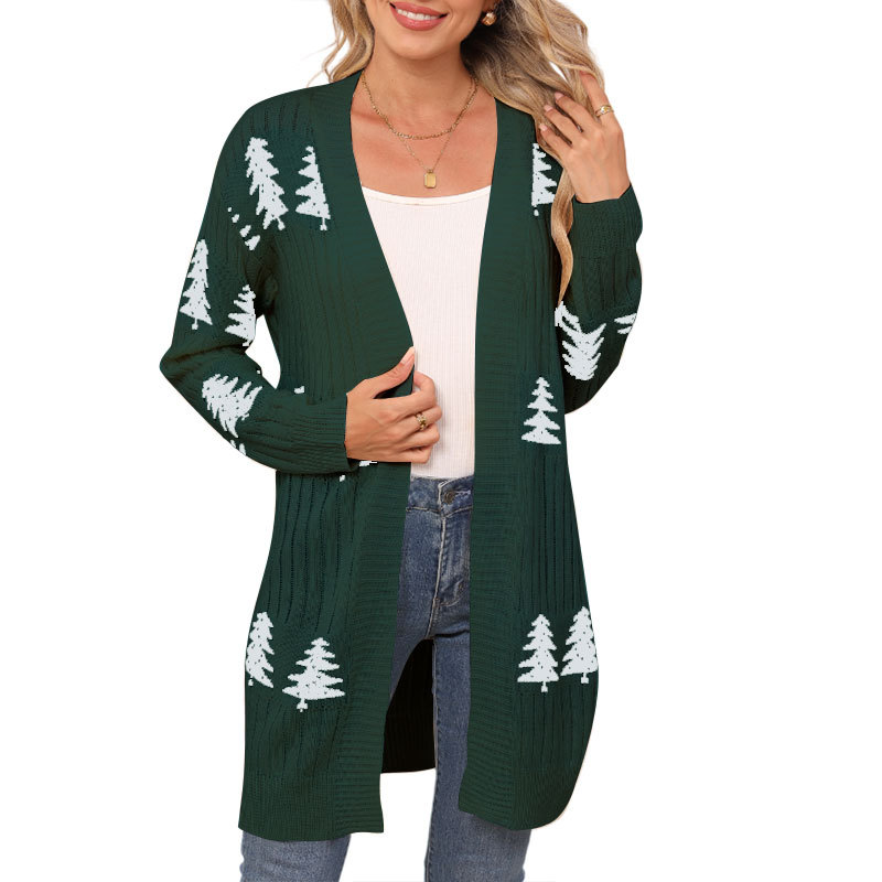 Womens Christmas Tree Pattern Long Cardigan Winter Open Front Knit Sweater